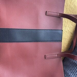 Elegant Vince Camuto, brown vegan leather, black striped tote shoulder bag